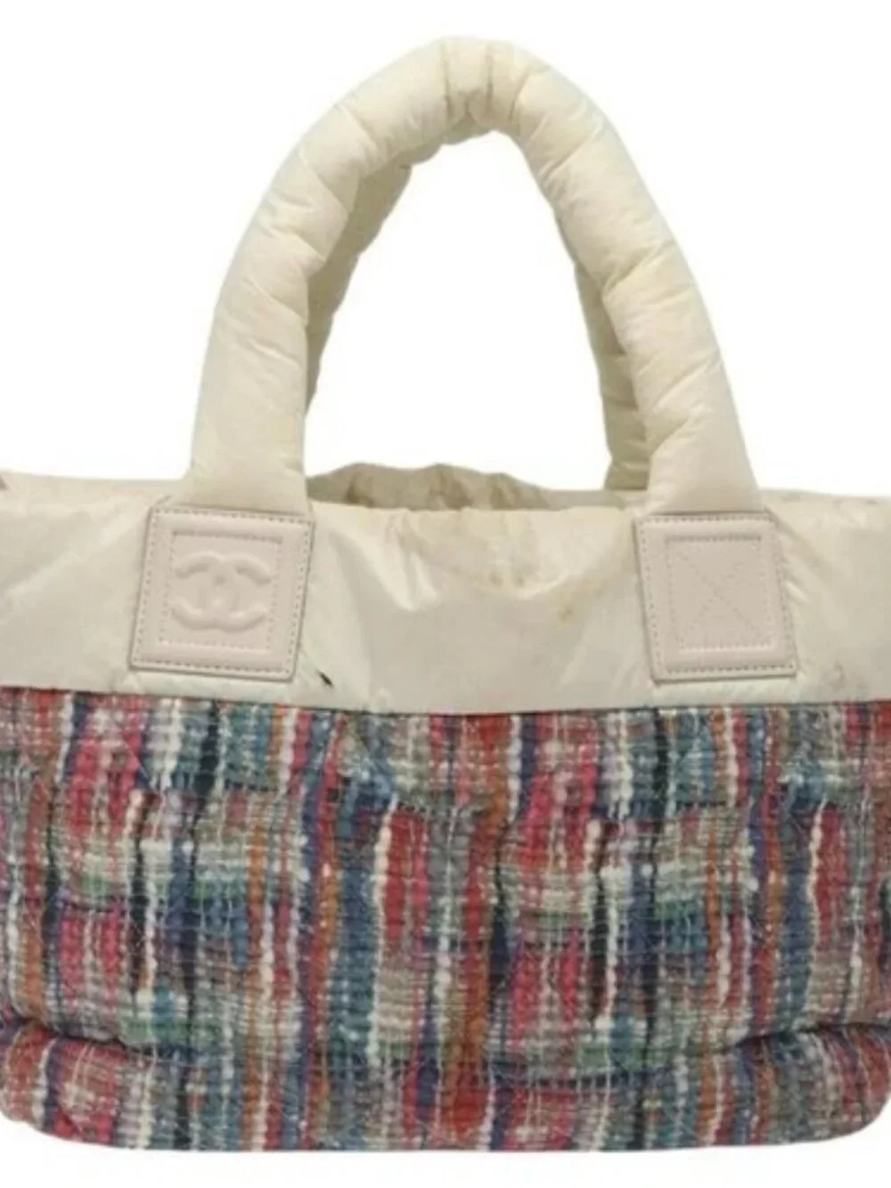 CHANEL Coco Cocoon PM Hand Bag Nylon White Multicolor Silver CC Auth bs25111
